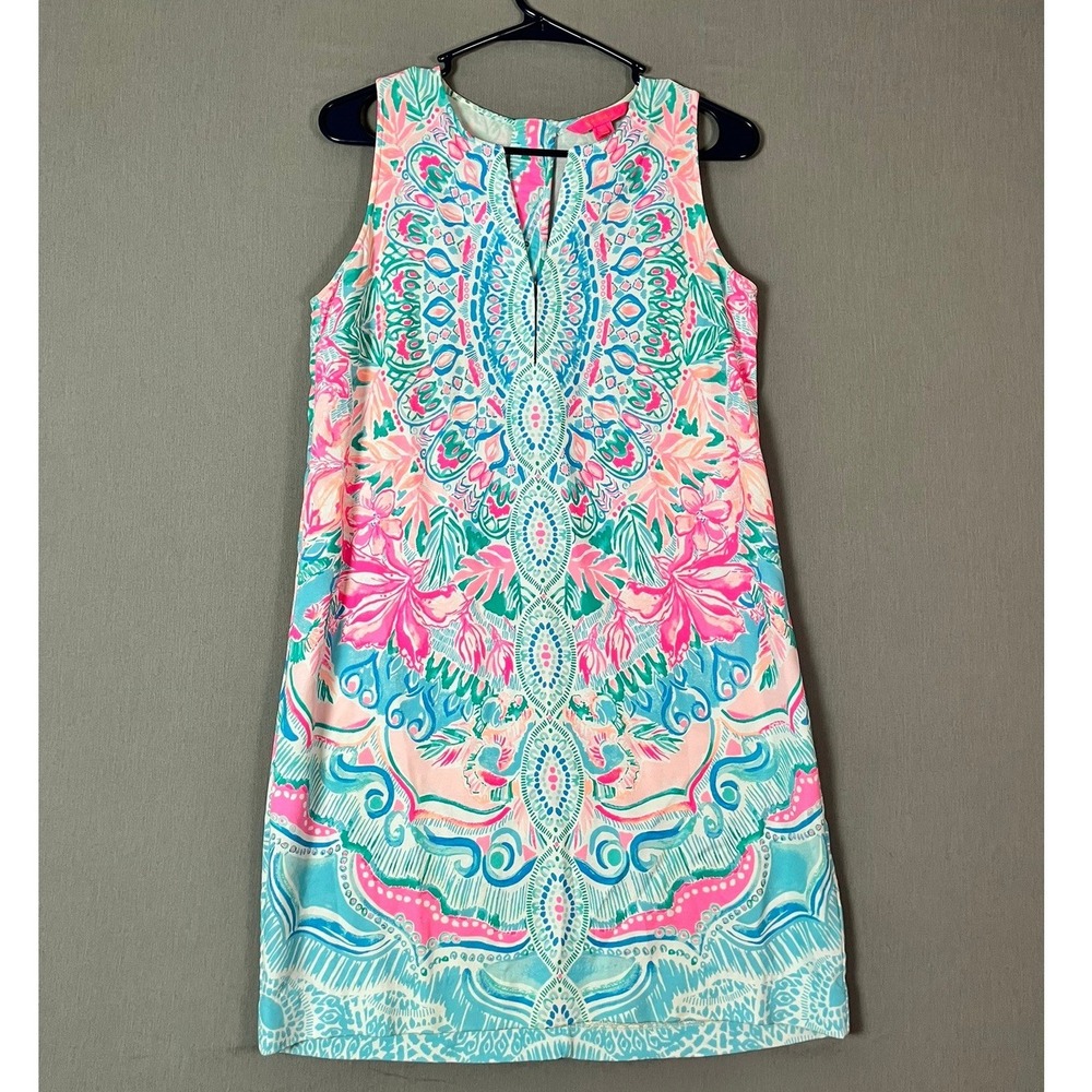 Lilly Pulitzer Kelby Stretch Hot Tamale Shift Dress 0 Flower Tassel Zip EUC